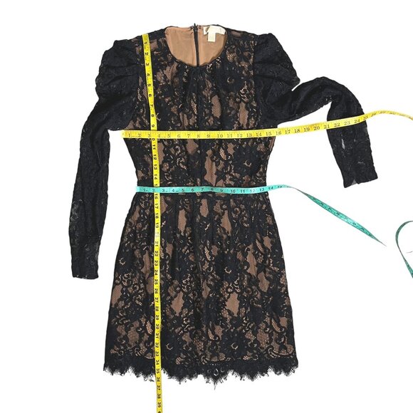 Michael Kors Lace Dress Black Puff Sleeve Nude Lining Floral Overlay Party SZ 4 - Picture 12 of 14